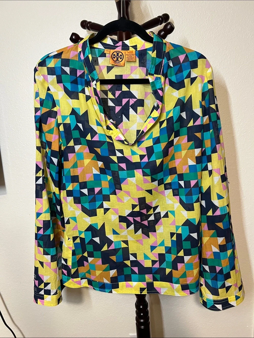 Tory Burch Multicolor Geometric V-Neck Long Sleeve Top